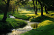 A peaceful golf course with gentle streams meandering through the landscape.