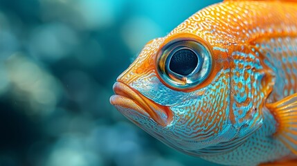   A tight shot of a fish's eye against a hazy backdrop of blue, green, and yellow