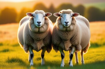 Close-up. White sheep graze in a meadow at sunset