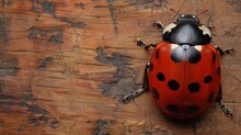   A Red And Black Ladybug Atop Two Wooden Pieces