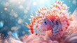   A tight shot of a red-and-white striped fish hovering above a blue-and-white sea anemone Background features bubbles rising from the water's surface