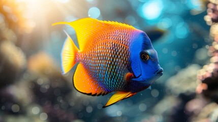   A tight shot of a blue-yellow fish swimming in an aquarium, surrounded by softly blurred water and rocks
