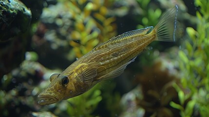   A tight shot of a fish swimming against clear water backdrop, adorned with submerged plants and rocks Foreground highlights water plants