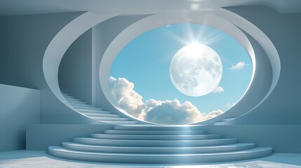   A path of steps culminates at a circular window, revealing the moon and cloud-dotted sky