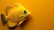   A yellow fish, closely depicted, rests atop a uniform yellow background A distinct black spot adorns its lateral flank