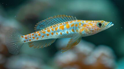   A tight shot of a yellow-white fish, adorned with orange spots, against a coral backdrop