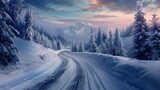 Fototapeta Na ścianę - Illustrate the enchanting winter scenery with a prompt featuring a snow-covered road winding through the landscape