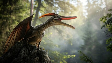 Wall Mural - Flying dinosaur, Pterodactyl, rest on tree in prehistoric forest. Photorealistic.