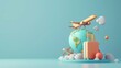 © CreativeCreations - travel holiday conceptual 3D rendering. light image with 3D rendering of an airplane and suitcase and globe.