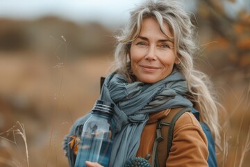 An attractive woman in outdoor attire holds a water bottle, with autumn leaves in the background