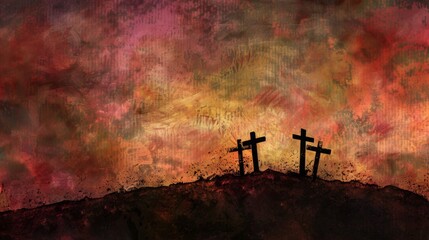 Wall Mural - Silhouette of crosses on a hill with a dramatic sky in the background