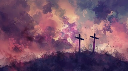 Wall Mural - Silhouette of crosses on a hill with a dramatic sky in the background