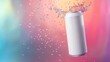 White empty soda can mockup floating in the air on neon abstract background