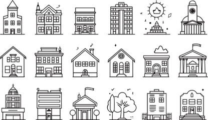 Wall Mural - Buildings thin line vector icons black on white background
