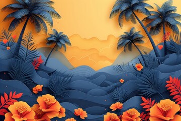Wall Mural - This trendy and minimal summer seamless pattern features hand drawn lines, geometric shapes, waves, palm trees, all designed for fashion, fabrics, fabrics, wallpapers, and wraps