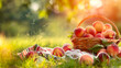 Ripe peaches in a wicker basket on grass