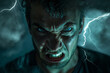 Creative portrait man's face expressing fury, rage, malice, anger on background of lightings.