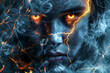 Creative portrait woman's face expressing fury, rage, malice, anger. Fire glowing eyes, lightings and smoke around the female femace.