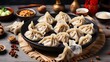 Chinese dumplings? Jiaozi in flat lay view on a table. the Lunar New Year. Lunar New Year in China. Asian holiday fare