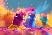 Three Jars Of Colorful Powder, With One Jar Being Blue, Another Being Yellow