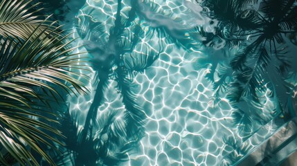 Wall Mural - A high-resolution image that captures the essence of serenity in a tropical resort, focusing on the crystal clear water of a pool with the delicate shadows of palm leaves