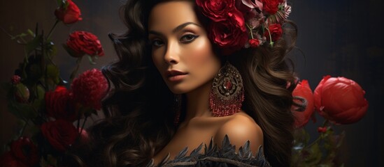 Wall Mural - The image shows a woman with a striking flower beautifully tucked into her hair, adding a touch of elegance