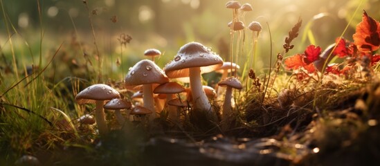 Wall Mural - Scattered mushrooms are growing among the lush green grass with fallen leaves amidst the natural backdrop of more grass