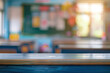 Blurred background of an empty table in front of a blurry school classroom interior with a chalkboard and chairs, close up on a wooden top for product display montage.
