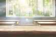 Empty wooden table top with a blurred background of a classroom and window in the morning, a panoramic banner for product display montage. A school concept. A product for display montage