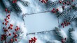 A wintry scene where a blank card lies on a bed of soft, fluffy snow, framed by pine branches and red berries