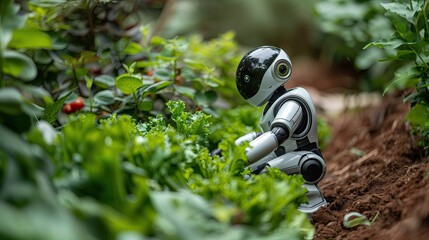 Sticker - robot artificial intelligence farmer. gardening fruits and vegetables are grown in the expansive garden.
