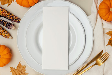 Thanksgiving Dinner menu mock-up, fall table setting top view