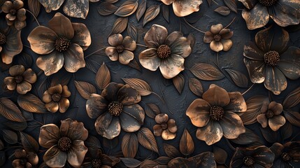 Artistic bronze embossed flowers on a dark textured background, representing a luxurious vintage floral design.