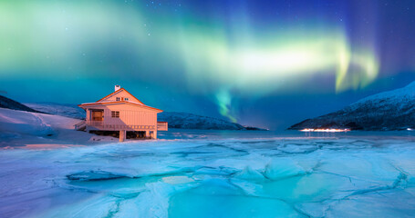 Wall Mural - northern lights or aurora borealis in the sky norwegian fjord in the background -tromso, norway