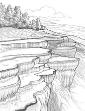Natural Travertine Terraces Formed By Mineral-rich Thermal Waters Cascading Down The Mountainside For Coloring Book With Crisp Black Line And White Background, Illustration Made With Generative Ai