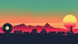 An artistic representation of a sunset over a stylized mountain cityscape with a vinyl record as the setting sun, in warm retro colors.