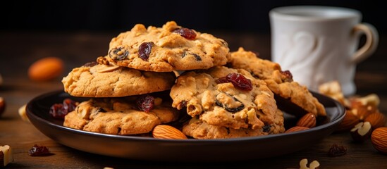 Poster - Various delicious homemade cookies filled with crunchy nuts displayed on a plate, served with a warm cup of coffee