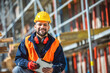 © Mediteraneo - Construction site manager standing  wearing safety vest and helmet, using tablet at construction site.