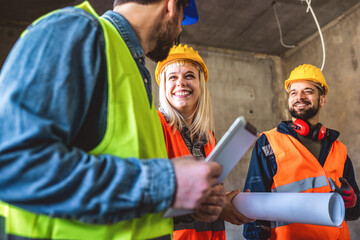 Construction team planning a building blueprint project on site with collaboration for architect innovation. Architecture, design and engineers with teamwork for successful industrial renovation.