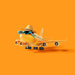 Cute orange airplane wearing hat and sunglasses ready for summer vacation. Summer travel concept background. 3D Rendering, 3D Illustration