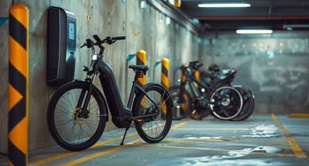 Electric bikes charging in underground garage. Sustainable urban mobility concept.