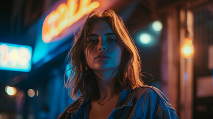 Wall Mural - Young woman stands on street at night illuminated by neon signs.