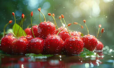Wall Mural - Cherries are ripe and juicy with drops of water on colored background