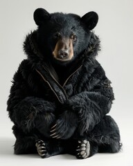 Wall Mural - Black Bear Animal sitting on the floor, wearing a furry suit on white background fashion studio photography