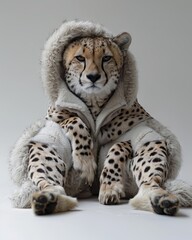 Wall Mural - Cheetah Animal sitting on the floor, wearing a furry suit on white background fashion studio photography