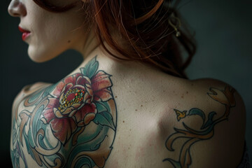 Wall Mural - A woman with a tattoo of a flower on her back