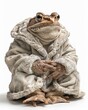 Frog Animal sitting on the floor, wearing a furry suit on white background fashion studio photography