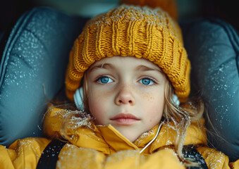 Sticker - Adorable little girl in yellow winter clothes and hat sitting in the car on cold winter day