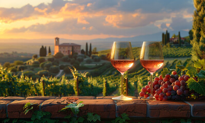 Two glasses of rose wine with grapes on the terrace of vineyard in Italy Chianti region Tuscany sunset