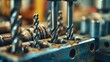 A carpenter selects a drill to drill a wooden block in this close-up of a metal drill bit set in the workshop.